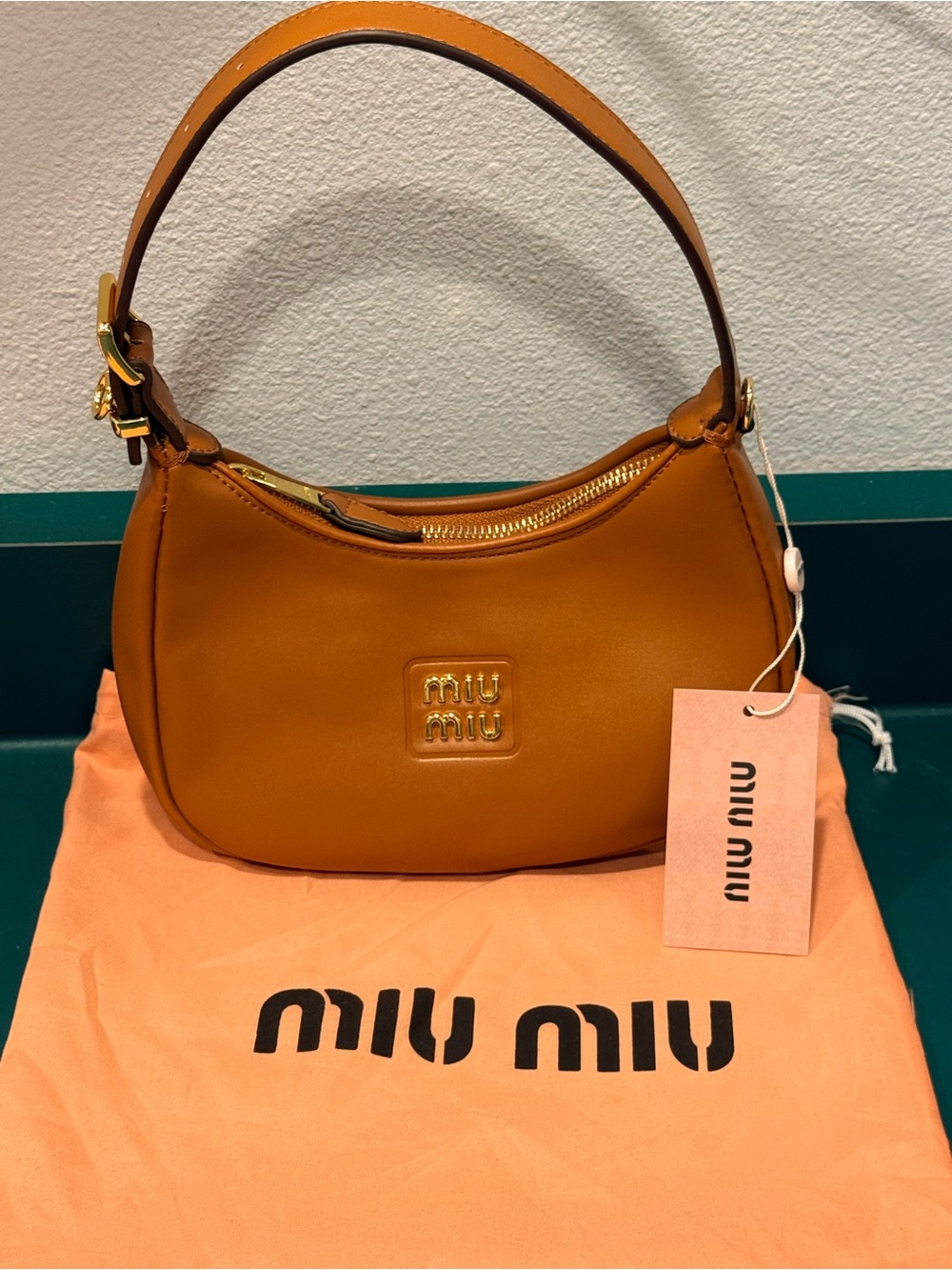 Miu Miu Ochre Leather Shoulder Bag with Gold Hardware